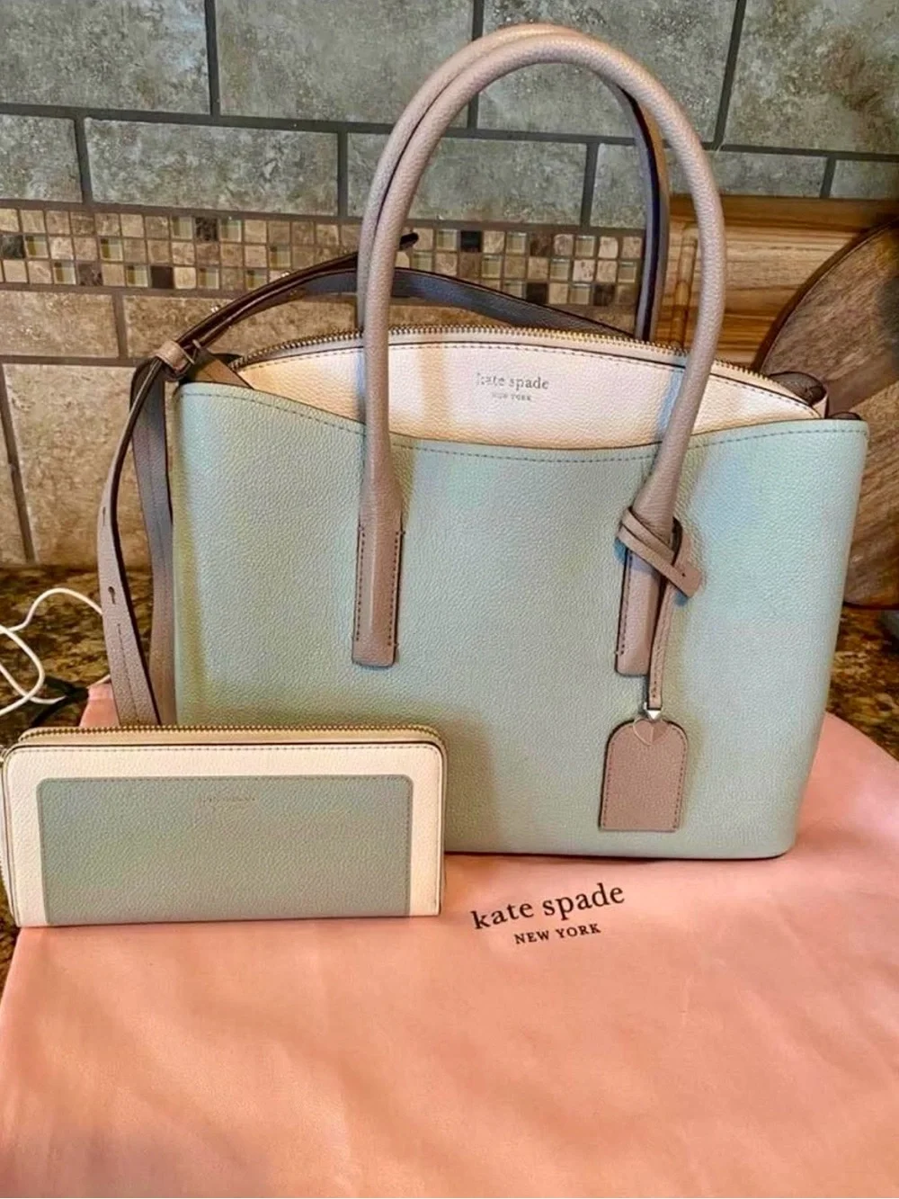 Kate Spade Margaux medium tote bag Mint Green and Cream with matching wallet